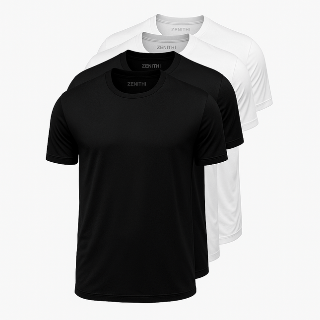 Kit de 4 remeras de hombre en 100% algodón, 2 negras y 2 blancas, tallas S a XXXL, ideal para trabajo, salidas o deporte.