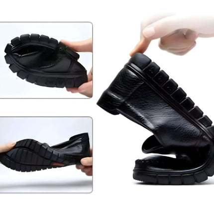 Zapatos Casuales Hombre: Mocasín Clásico de Cuero Negro mostrando su flexibilidad y comodidad.