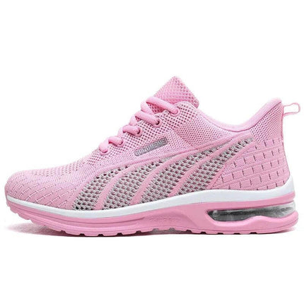 Pink breathable athletic sneaker with ergonomic design for optimal foot support and free shipping offer.