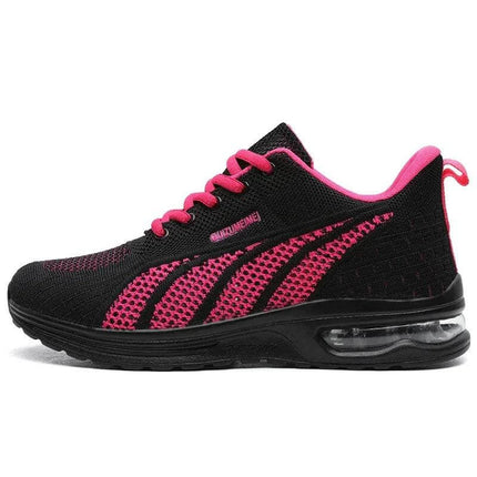 Pink and black breathable running shoe with ergonomic design and anti-impact sole for optimal comfort and support.
