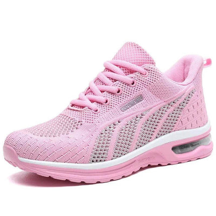 Pink breathable sports sneaker with ergonomic design for ultimate comfort and support, featuring anti-shock sole and free shipping offer.