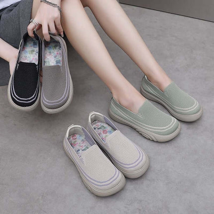 Three pairs of breathable knit casual shoes in neutral tones, showcasing stylish design for spring and autumn wear.