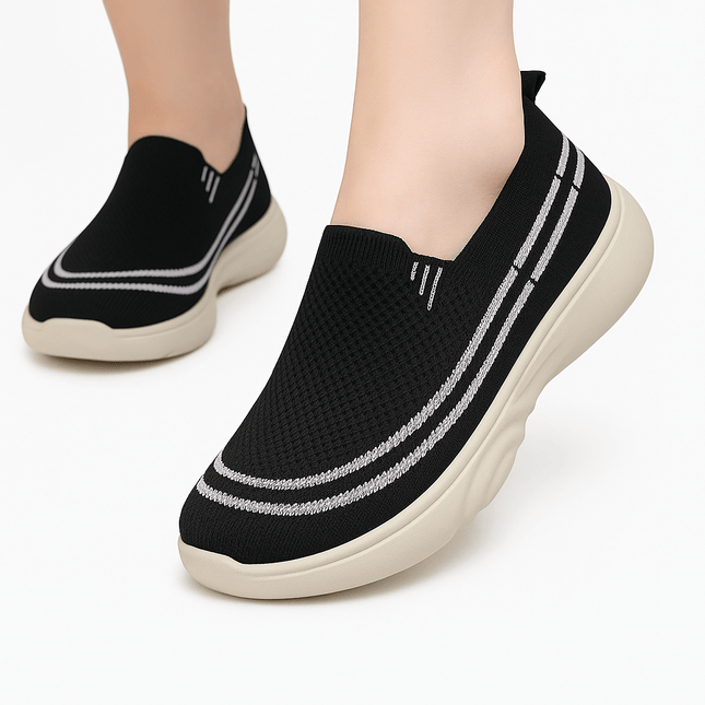 Black breathable knit slip-on casual shoes with striped details for spring and autumn seasons, crafted for comfort and style.