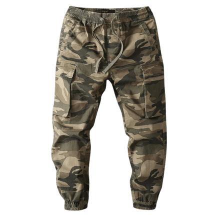 "Pantalón militar camuflado para hombre con múltiples tallas y detalles de ajuste, ideal para actividades al aire libre y estilo casual."