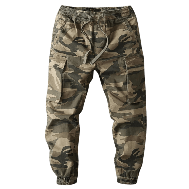 "Pantalón militar camuflado para hombre con múltiples tallas y detalles de ajuste, ideal para actividades al aire libre y estilo casual."