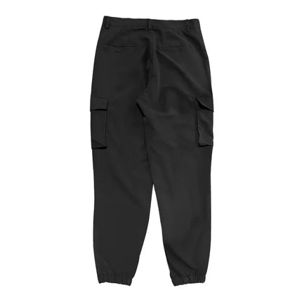 Back view of versatile black sports pants with cargo pockets and elastic cuffs.