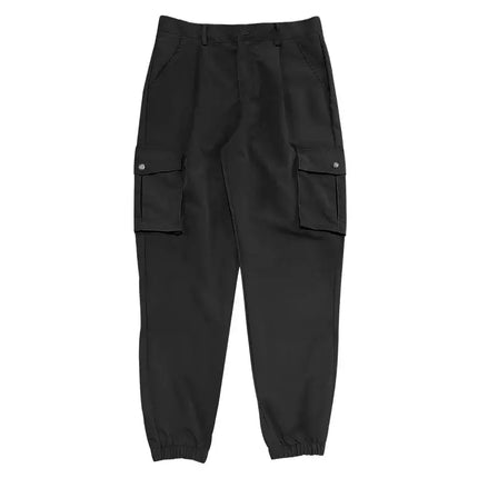 Versatile black cargo sports pants with elastic cuffs and multiple pockets, suitable for casual or athletic wear.