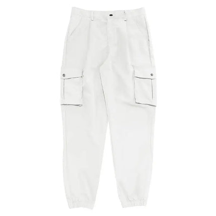 White versatile cargo sweatpants with pockets for athletic and casual wear.
