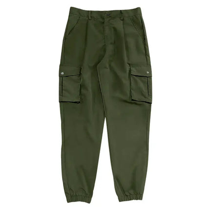 Versatile green cargo jogger pants with multiple pockets for men, ideal for sports and casual wear.