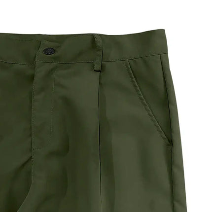 Versatile green sports pants with buttoned waist and side pocket detail.