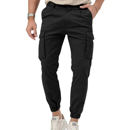 Model wearing versatile black cargo jogger pants with elastic cuffs, showcasing sporty and comfortable style.