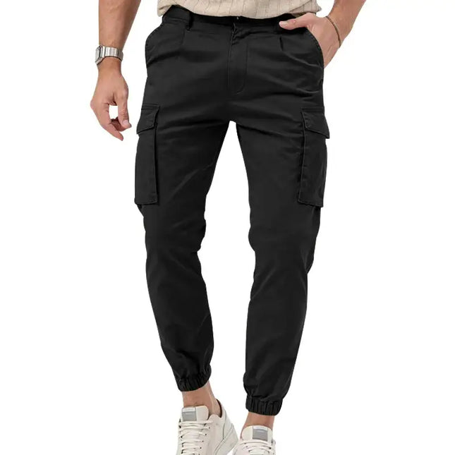 Model wearing versatile black cargo jogger pants with elastic cuffs, showcasing sporty and comfortable style.