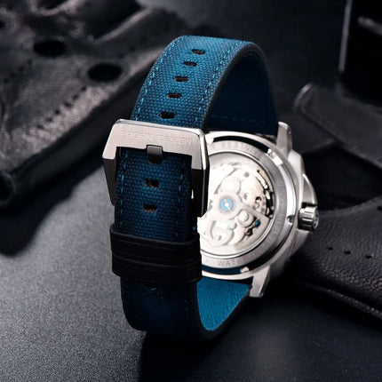 Vista trasera del Reloj Automático Pagani Elegance para hombres, con correa azul y mecanismo visible. Relojes para hombre de línea premium.