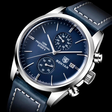 Reloj Benyar Elegance azul, estilo aviador, sofisticación en relojes para hombre de línea premium.
