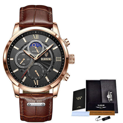 Reloj Lige con correa de cuero marrón para hombre, línea premium. Elegancia y diseño versátil para ocasiones formales y casuales.