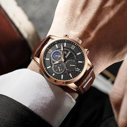 Reloj Lige con correa de cuero, diseño premium para hombre, perfecto para ocasiones formales y casuales. Línea de relojes de alta gama.
