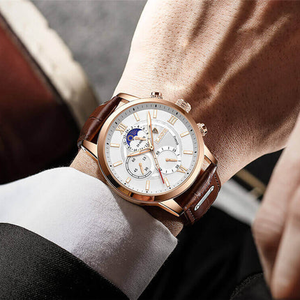 Reloj Lige con correa de cuero en muñeca, diseño para estilo formal y casual, línea premium de relojes para hombre, Argentina.