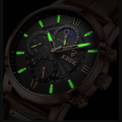 Reloj Lige premium para hombre con correa de cuero, diseño versátil para ocasiones formales y casuales, luminoso en la oscuridad.