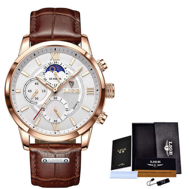 Reloj Lige con correa de cuero marrón, diseño premium para hombre, versátil para ocasiones formales y casuales, línea argentina.