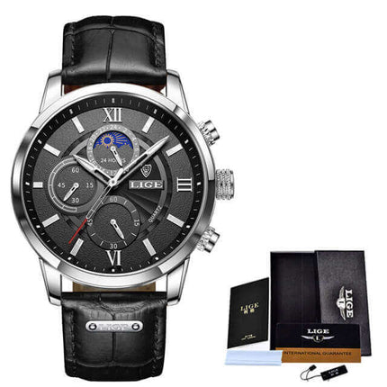 Reloj Lige con Correa de Cuero negro, relojes para hombre de línea premium, diseño versátil para ocasiones formales y casuales.