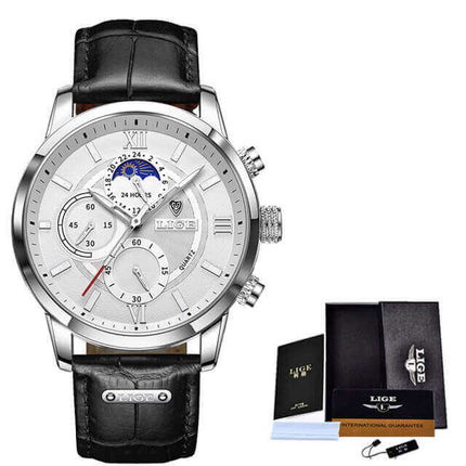 Reloj Lige con correa de cuero negra, diseño versátil para estilos formales y casuales. Relojes para hombre de línea premium. Garantía incluida.