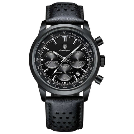 Reloj Poedagar 911 de línea premium para hombre con diseño suizo y correa de cuero negro, ideal para eventos formales e informales.