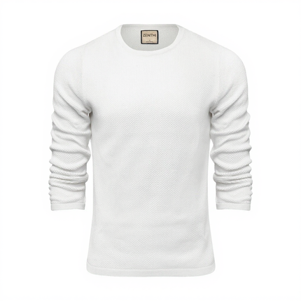 White merino knit sweater with C-neck design, displaying fine texture and modern style for versatile wear.