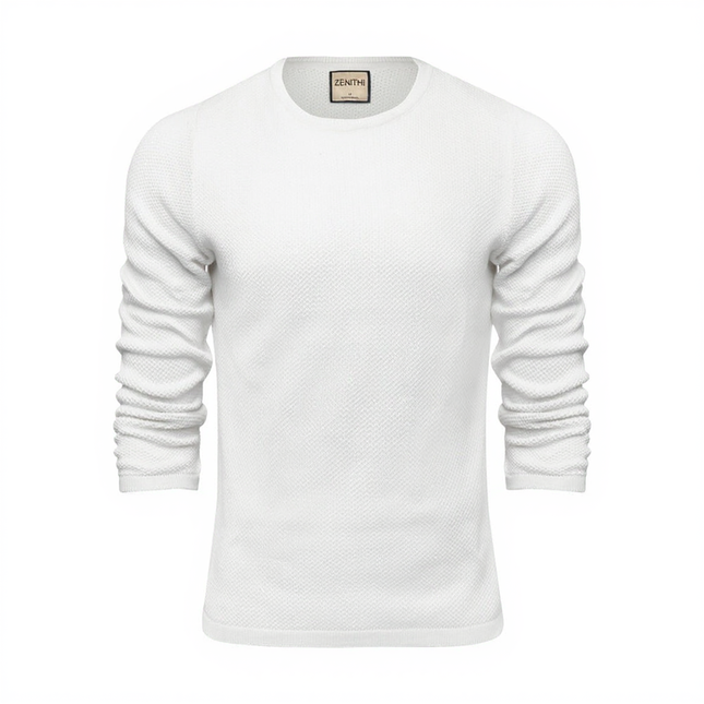 White merino knit sweater with C-neck design, displaying fine texture and modern style for versatile wear.