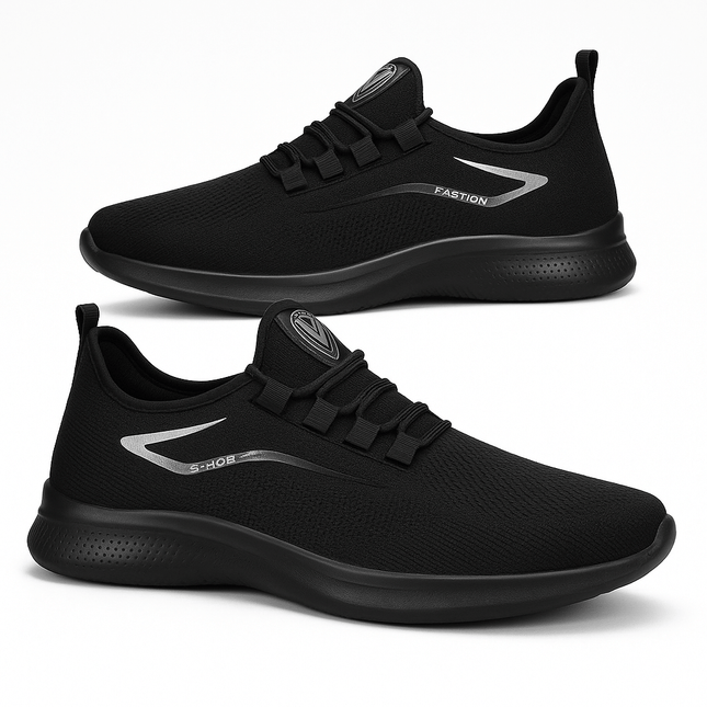 Zapatillas urbanas negras de malla para hombre, ligereza y estilo diario, ideales para caminar. Calzado deportivo casual.