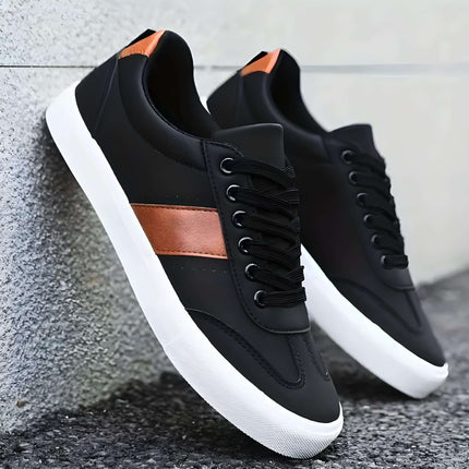 Zapatillas casuales de cuero negro para hombre con detalles marrones, ideal para moda y comodidad, Zapatos Casuales Hombre.