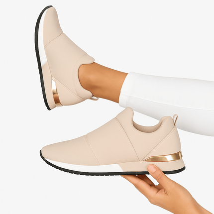 Zapatillas casuales para mujer, lanzamiento 2025, promoción compre 1 llevate 2, ideal para regalo, color beige, zapato cómodo y moderno.