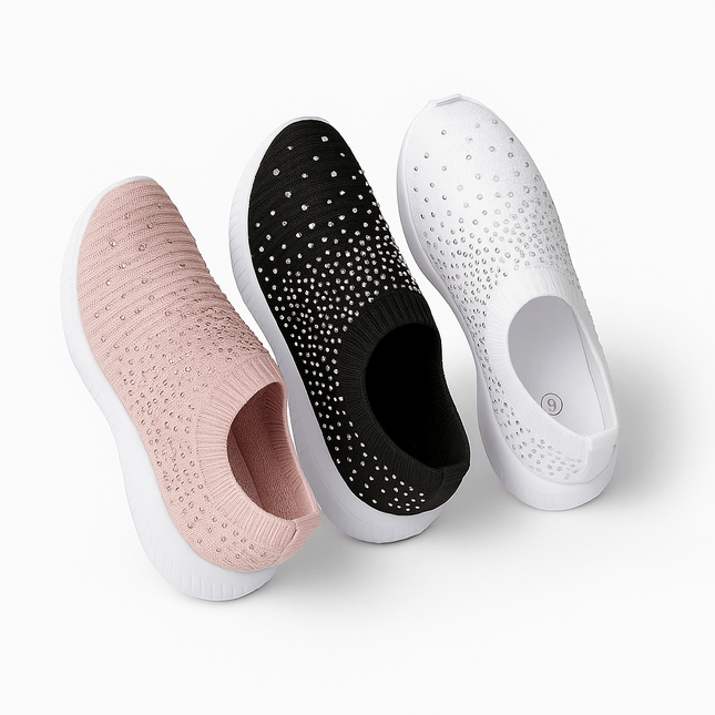 Zapatillas Confort Glitter Mujer en rosa, negro y blanco con diseño ergonómico y suela antideslizante para comodidad diaria.