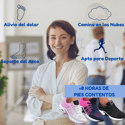 Mujer sonriendo junto a zapatillas confort sport transpirables para mujer, destacando alivio del dolor, soporte del arco y apto para deporte.