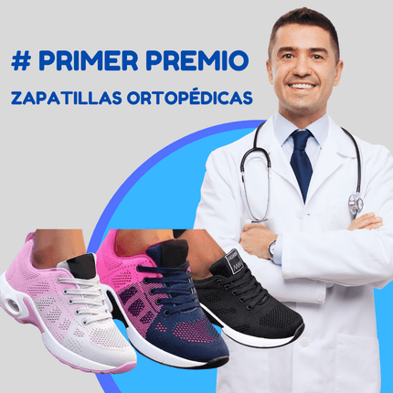 Zapatillas ortopédicas ganadoras con distintos colores y diseño transpirable, con médico en fondo. Perfectas para salud podal.