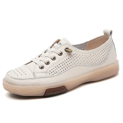 Zapatilla de cuero genuino Terra Soft para mujer, diseño perforado, beige, cómoda y transpirable, ideal para verano.