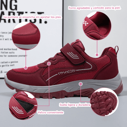 Zapatillas de mujer deportivas antideslizantes, rojo, con diseño de velcro, suela duradera y punta ancha para mayor comodidad.