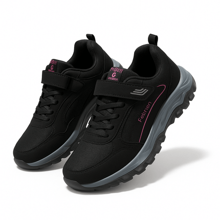 Zapatillas de mujer deportivas antideslizantes negras con diseño de punta anticolisión, hechas de malla transpirable de alta calidad.