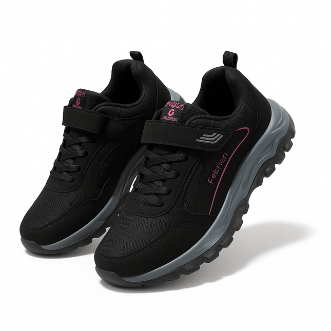 Zapatillas de mujer deportivas antideslizantes negras con diseño de punta anticolisión, hechas de malla transpirable de alta calidad.