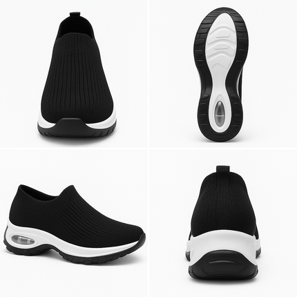 Zapatillas Hina Mujer en color negro con suela antiimpacto, diseñadas para confort y soporte ergonómico.
