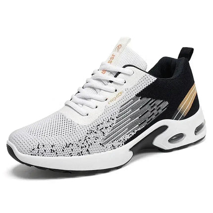 Zapatillas deportivas hombre de malla blanca y negra, diseño moderno y cómodo, ideales para uso diario o deporte. Livianas y con buen agarre.