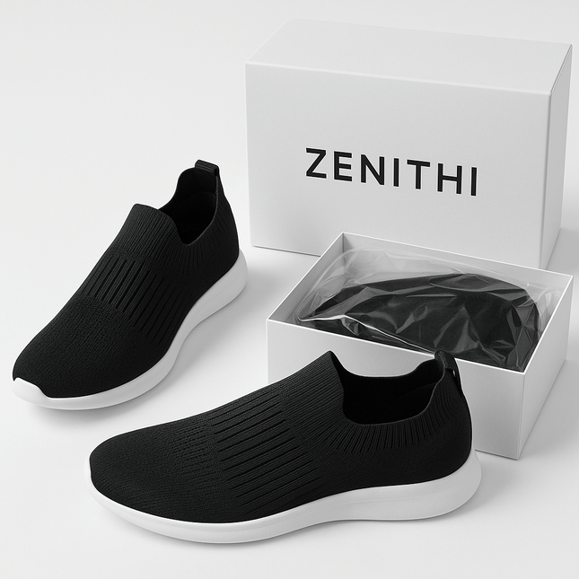 Breathable black women's sneakers with white soles next to Zenithi branded shoe box, ideal for casual wear.