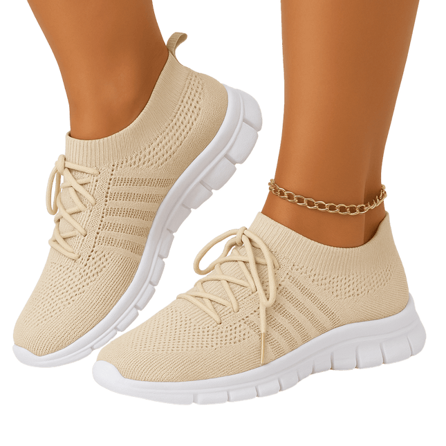 Zapatillas mujer transpirables Zenithi en promoción: compre 1 llevate 2, diseño beige con malla flexible ergonómica, comodidad asegurada.
