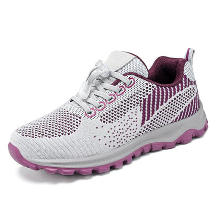Zapatillas para caminar antideslizantes para mujer, diseño ergonómico con suela blanda, color blanco y púrpura.