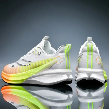 Zapatillas deportivas unisex con placa de carbono y suela antideslizante, diseño moderno y colores vibrantes para running.