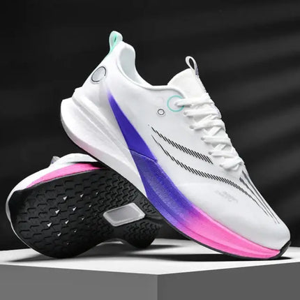Zapatillas deportivas hombre con placa de carbono, diseño moderno y suela antideslizante en tonos blanco y neón, unisex.