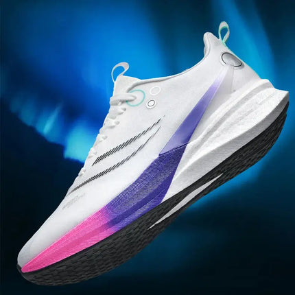 Zapatillas Running con placa de carbono, diseño moderno unisex, fondo azul. Zapatillas deportivas hombre antideslizantes.