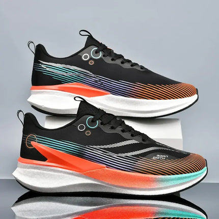 Zapatillas deportivas hombre unisex con placa de carbono y diseño antideslizante en negro y naranja para running.