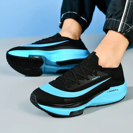 Zapatillas running ultralivianas 2025, negro y azul, amortiguación profesional para hombre.