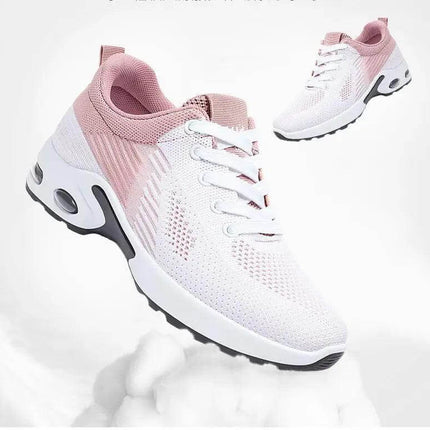 Zapatillas transpirables de verano para correr en color blanco y rosa con suela antiimpacto y diseño ergonómico.