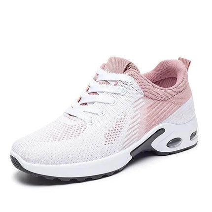 Zapatillas transpirables de verano para correr, diseño ergonómico en blanco y rosa con suela antiimpacto, oferta 20% y envío gratis.